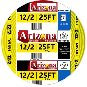 Arizona Electrical Solutions 196852169672 25 Feet 12/2 Type Nm-b. Copper #12 Awg 2 Conductor With Ground Yellow