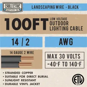 Ce-lv142b100 Cablectric 14/2 Low Voltage Landscape Wire Black - 100 Foot Gauge #2