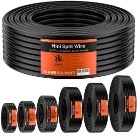 Cuguords 14awg/4-aircable-100ft 100% Pure Copper Etl Listed 14-4 Mini Split Cable 14/4 100ft Black