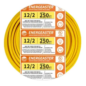 Energeaster 0000011 Solid Indoor 12/2 With G Nmb Cable 250ft Coil Electrical Wire 12 Yellow