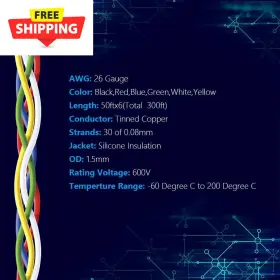 Fermerry-40 Fermerry 695510395311 26 Awg Stranded Wire Spool 50ft Yellow Blue White Green Black Red #2