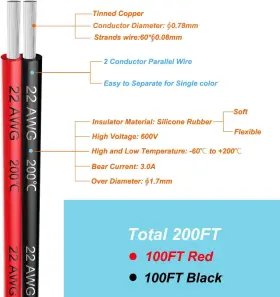 Haerkn 652890996514 22 Awg Silicone Electrical Wire 2 Conductor Parallel Line Red Black #2