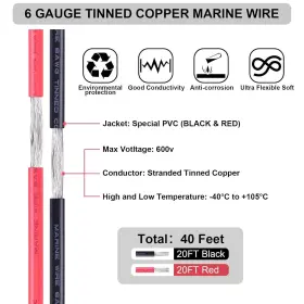 Igreely 1015-6awg 6 Gauge Wire Awg Electrical Cable Tinned 6awg 20ft Black&red #3