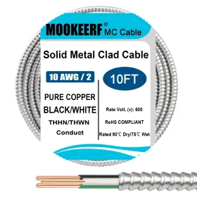 Mc-10 Mookeerf Mc-10/2-10ft 10/2 Mc Cable With Ground - 10ft Pure Copper 10awg/2 Metal Clad White
