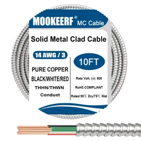 Mc-14 Mookeerf Mc-14/3-10ft 14/3 Mc Cable With Ground - 10ft Pure Copper 14awg/3 White