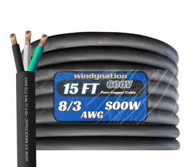 Windynation 8/3-soow-x 15 Feet 8/3 Soow Cable Cord Wire - 8 Gauge Awg 3 Conductor 600v Black