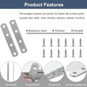 Ldb-pf9620 Yewlaca 8 Pack Flat Straight Brace Brackets 4 Inch Stainless Silver #3