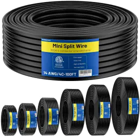 Zonegrace 14awg 4c 100ft 14/4 Mini Split Cable 14 Awg 4 Conductor Black